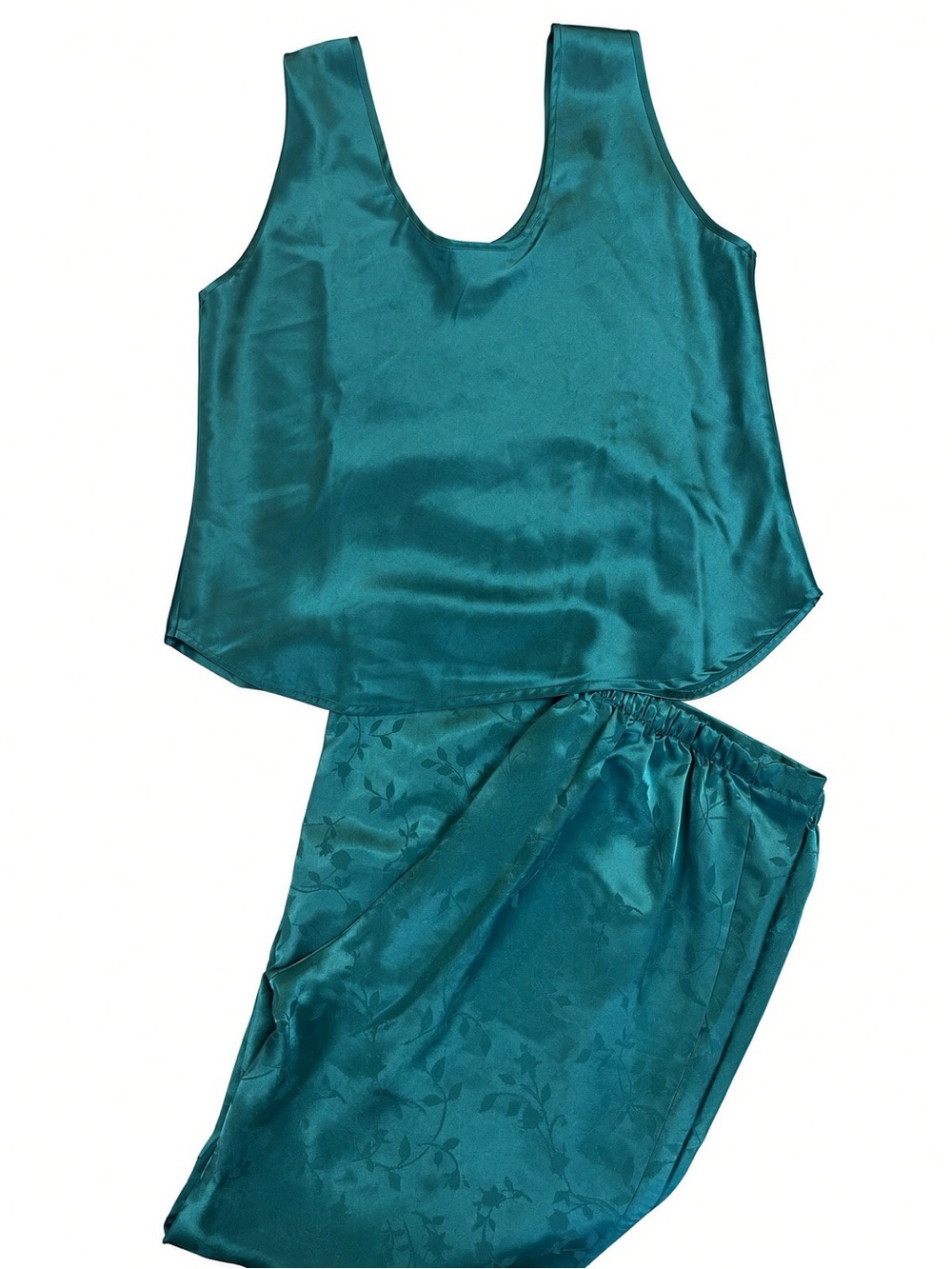 VTG Inner Most Satin Pajama Set Small Emerald Green Floral Jacquard Cami Pants